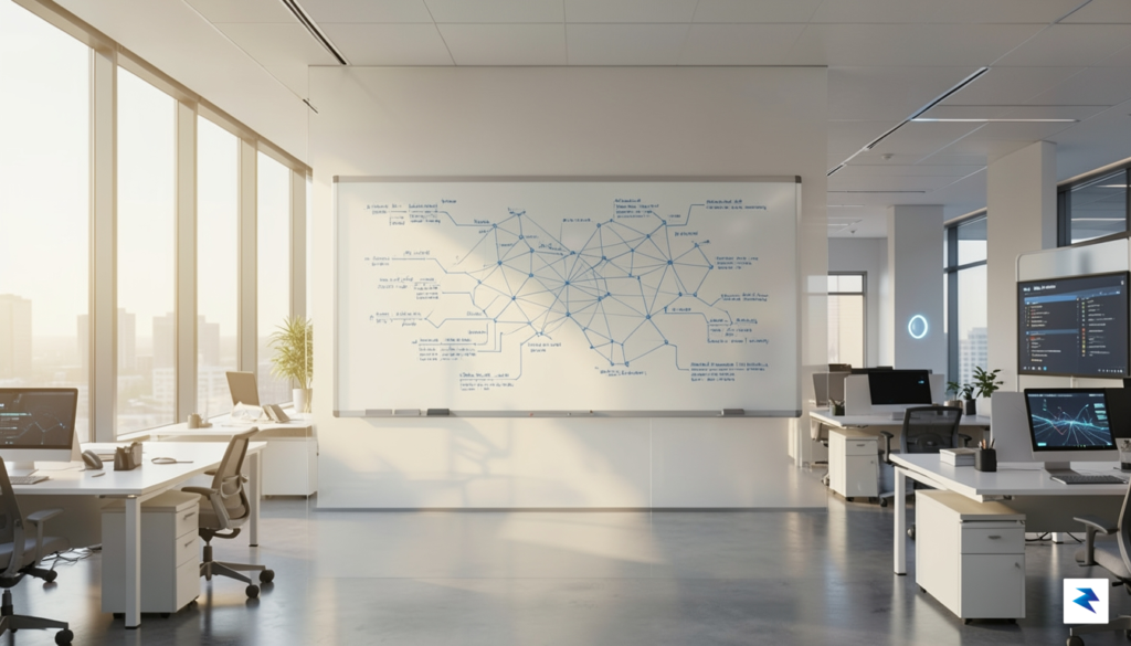 A conceptual, high-tech office space featuring a minimalist glass whiteboard&hellip;