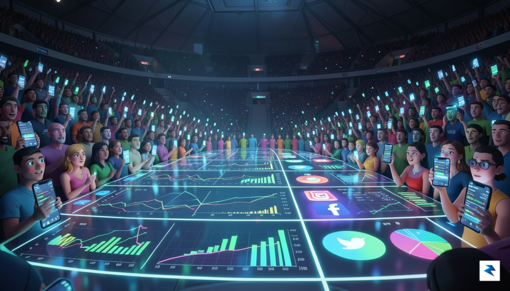 A vibrant, high-definition digital illustration showing a basketball arena floor&hellip;