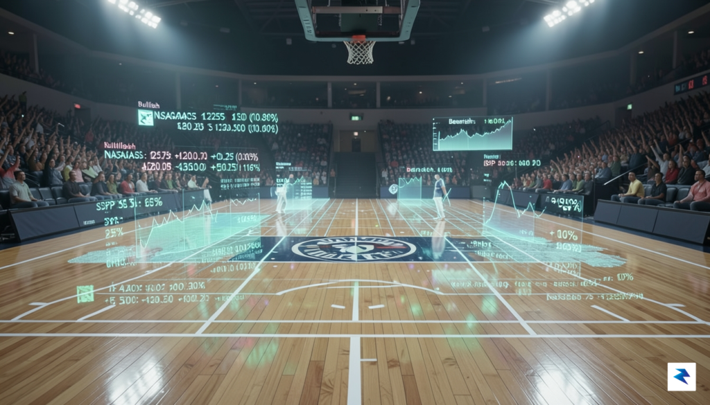 A digital art representation of a basketball arena floor transforming&hellip;
