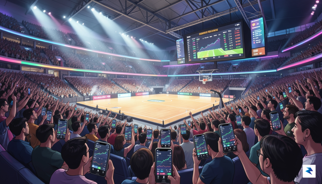 A wide-angle digital illustration showing a bustling, modern sports arena&hellip;