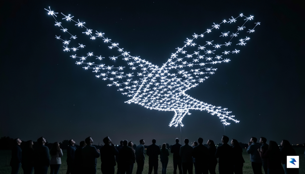 A vibrant drone light show featuring hundreds of illuminated drones&hellip;