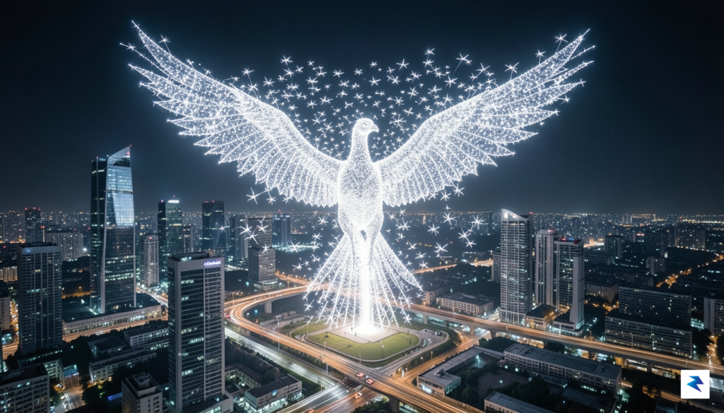 A long-exposure photograph of a massive, glowing drone swarm creating&hellip;