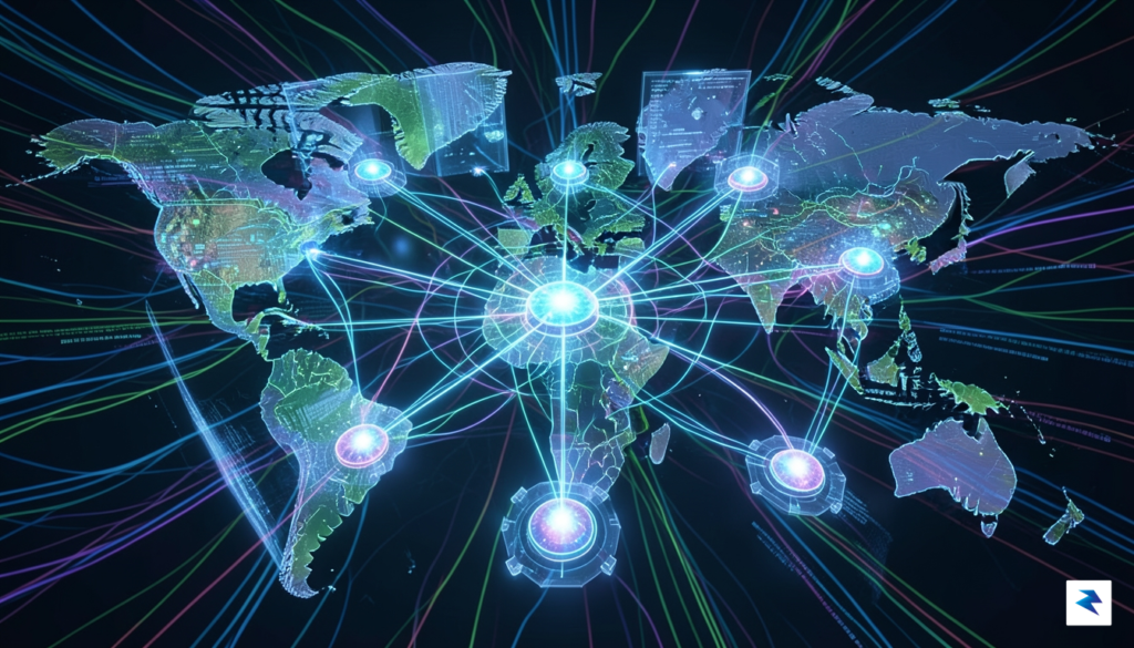 A modern, glowing digital network architecture map showing strong, interconnected&hellip;