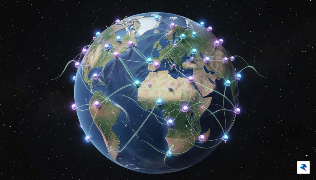 A digital visualization showing a complex network of glowing server&hellip;