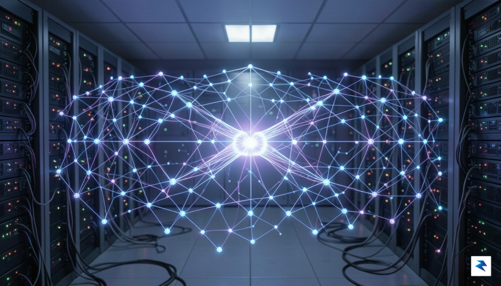 A conceptual digital visualization of a glowing, intricate network grid&hellip;