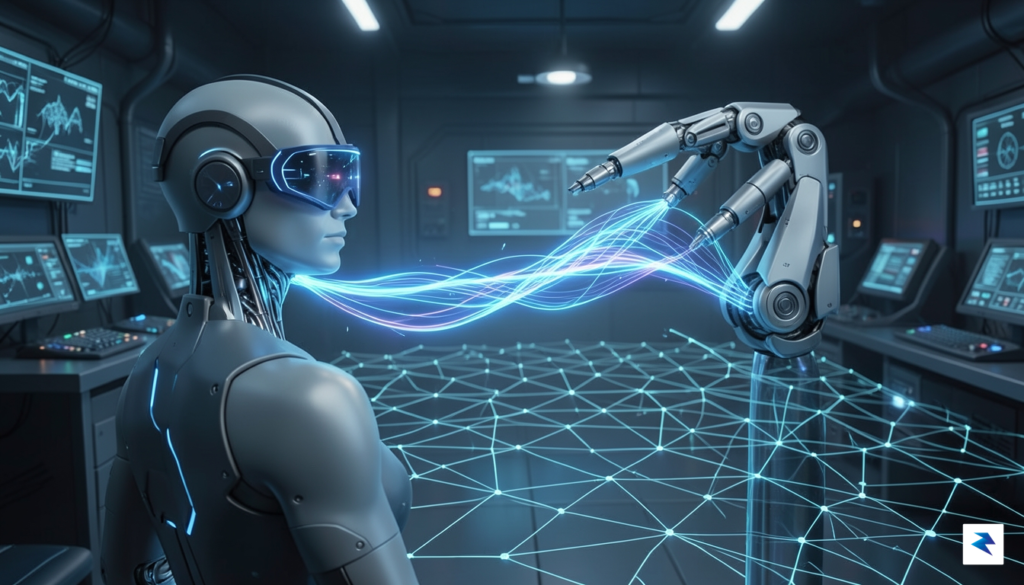 A sleek, futuristic visualization of a glowing data stream connecting…