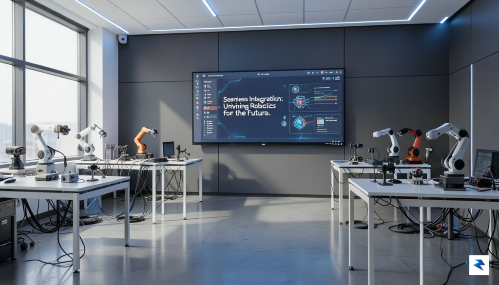 A modern, sleek robotics laboratory showing diverse hardware modules from…