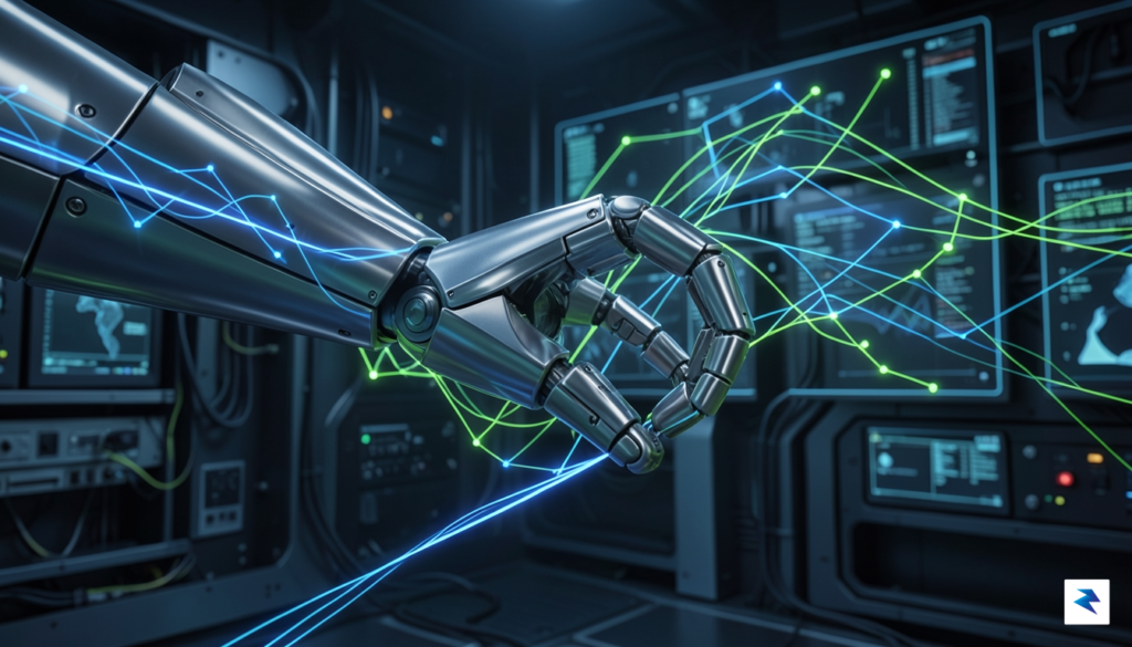 A close-up, high-tech shot of a robotic arm in motion…