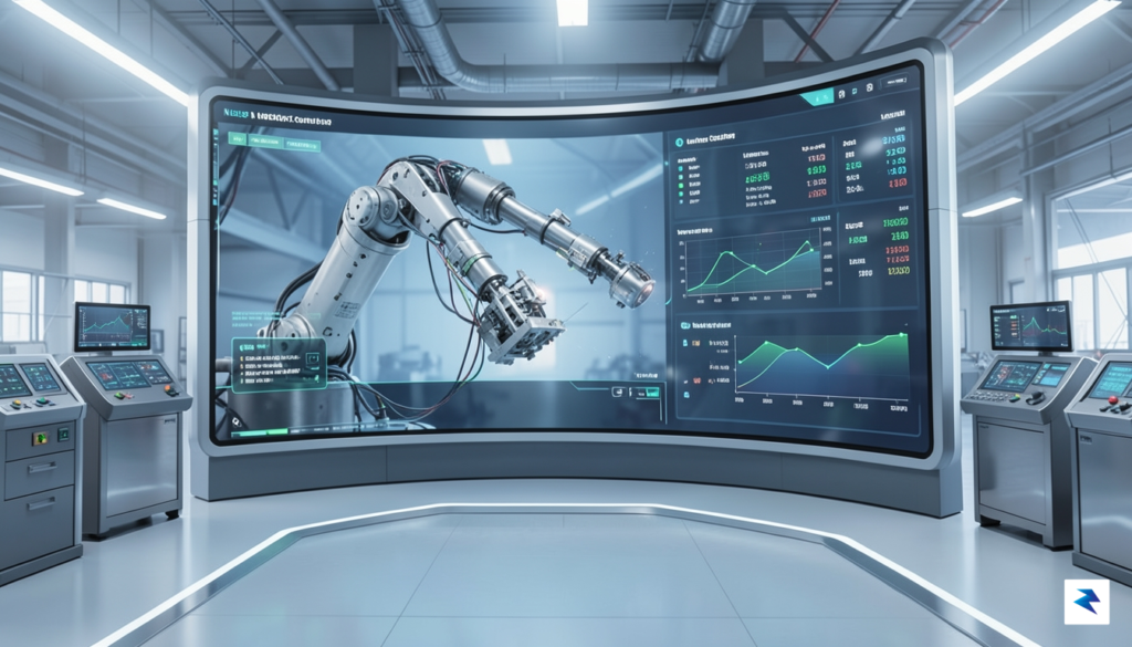 A sleek, high-tech control center interface featuring a robotic arm…