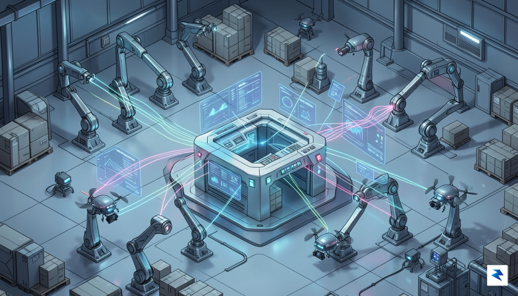 A futuristic industrial facility showing a digital overlay of real-time…