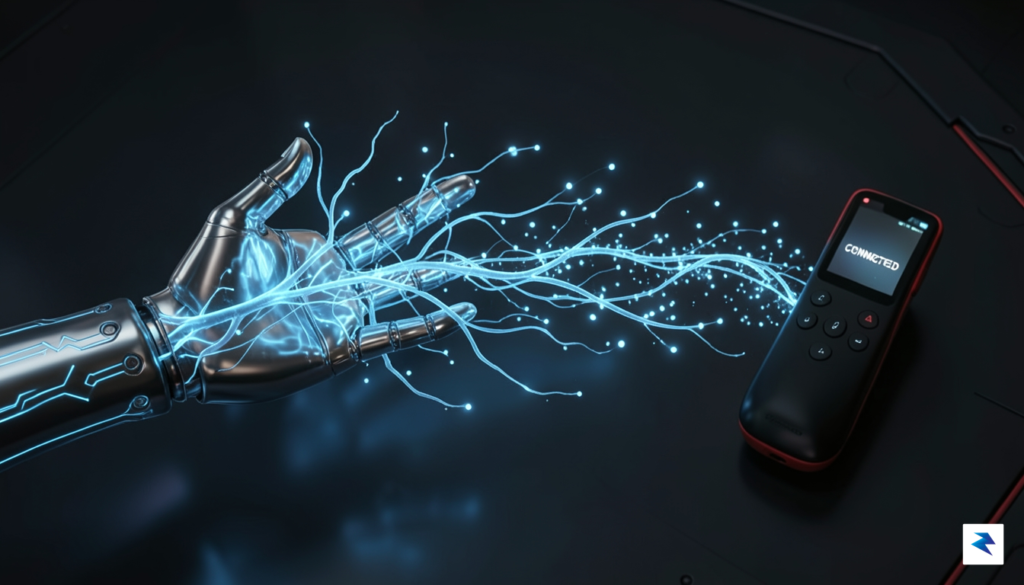 A conceptual digital illustration showing a glowing neural-like network connecting…