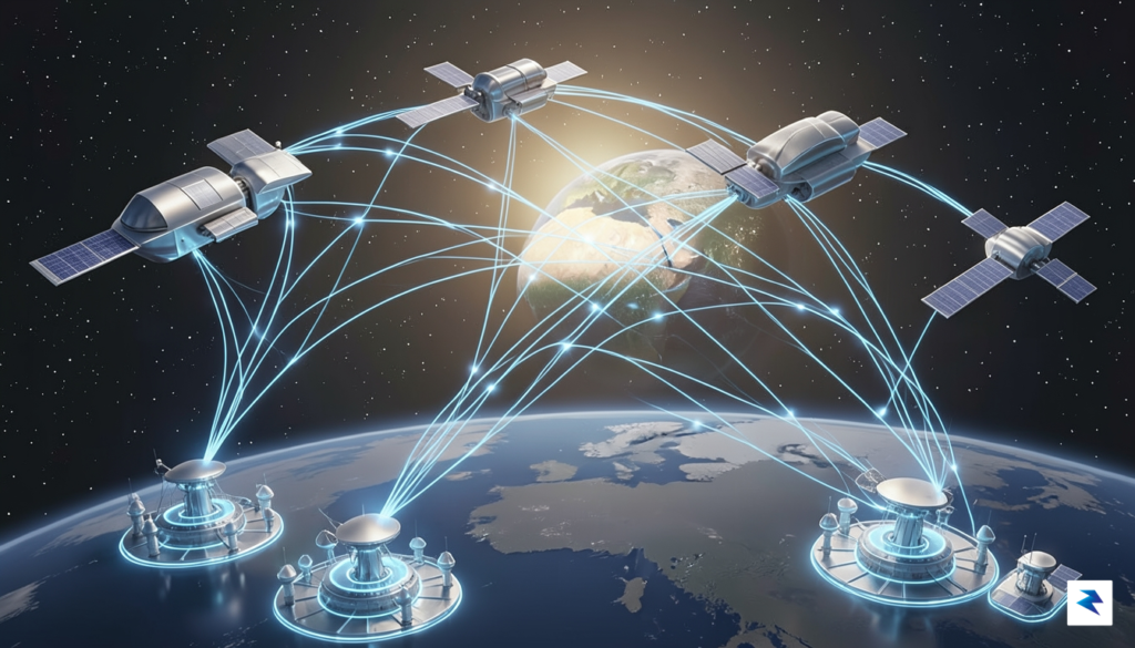 A stylized illustration depicting data flowing seamlessly between multiple satellites&hellip;