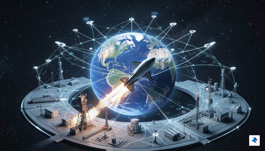 A stylized, futuristic depiction of a seamlessly integrated aerospace ecosystem,&hellip;