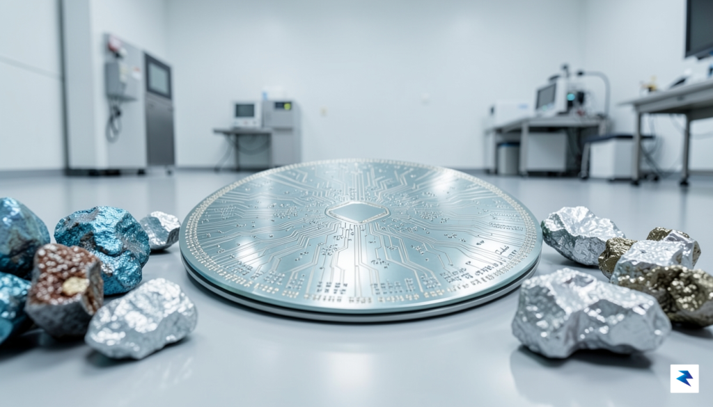 A close-up macro shot of a high-end semiconductor wafer reflecting&hellip;