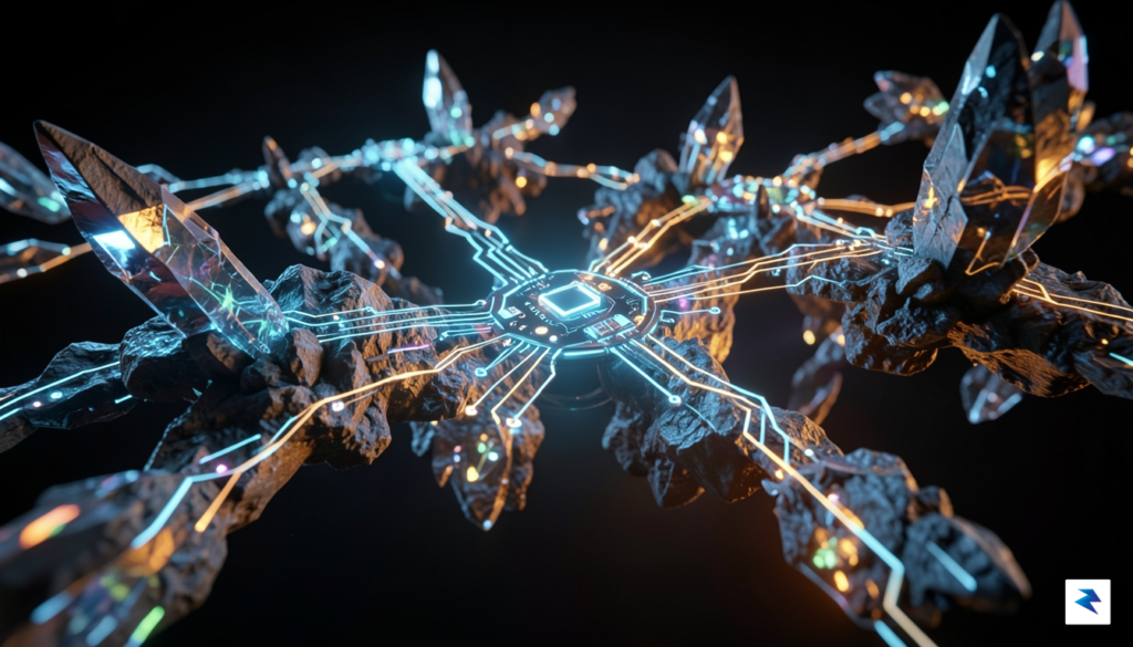 A high-tech digital illustration showing glowing, interconnected nodes of circuit&hellip;
