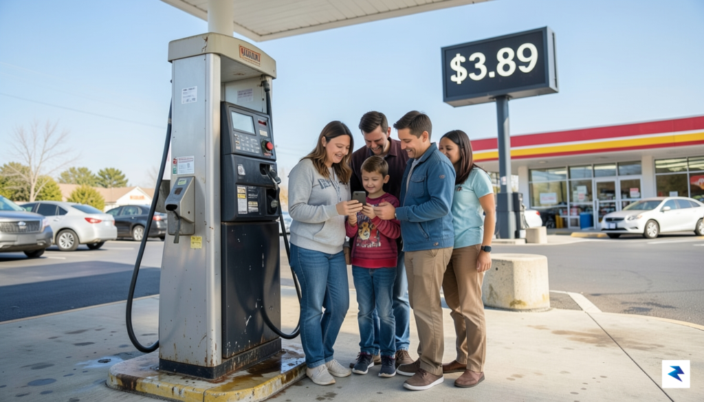 A wide-angle shot of a suburban family at a gas&hellip;