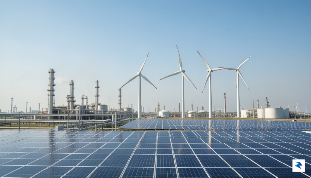 A wide-angle landscape shot of a modern energy landscape featuring&hellip;