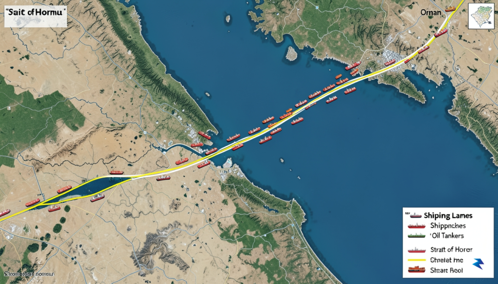 A satellite-view map of the Strait of Hormuz, highlighting the&hellip;
