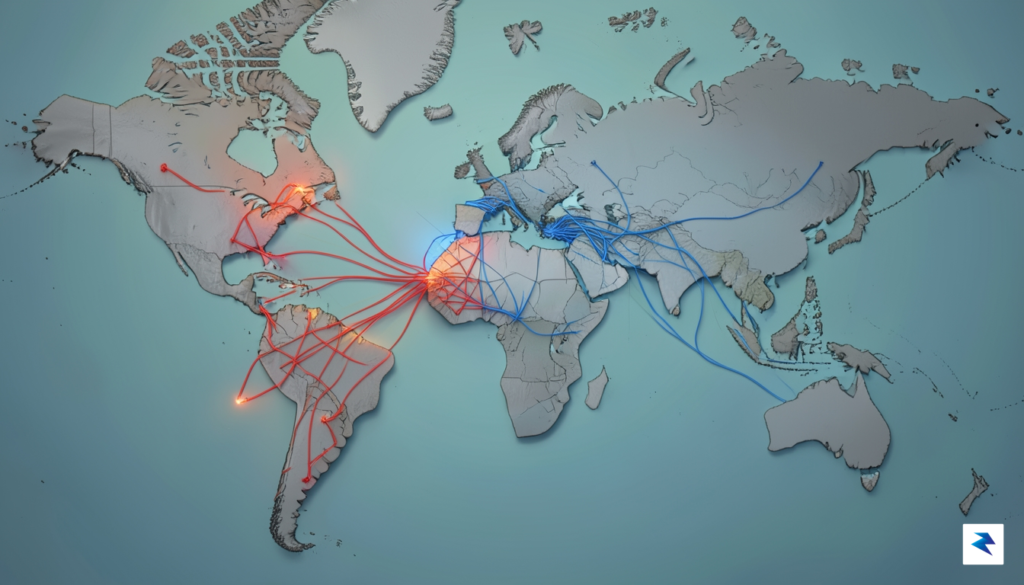 A digital visualization showing a global map with shipping routes&hellip;