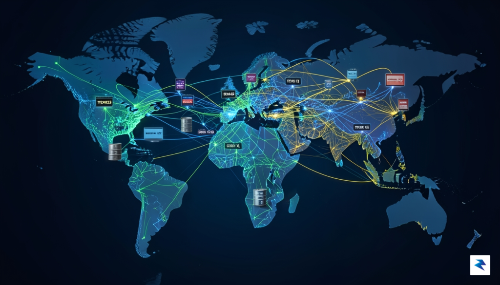 A digital visualization of a complex global financial network, with&hellip;