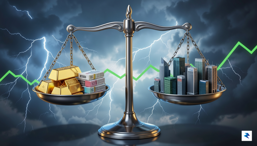 A conceptual digital illustration showing a balanced scale with one&hellip;