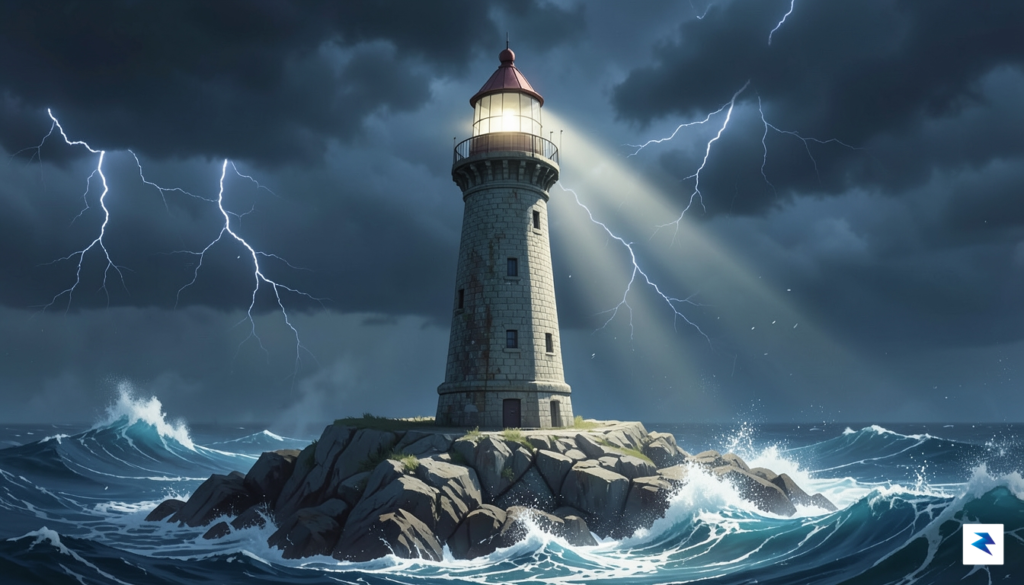 A digital illustration showing a calm, steady lighthouse standing firm&hellip;