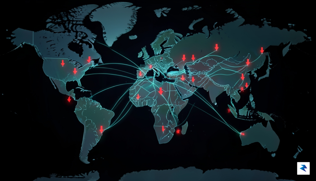 A digital visualization of a global stock market map showing&hellip;