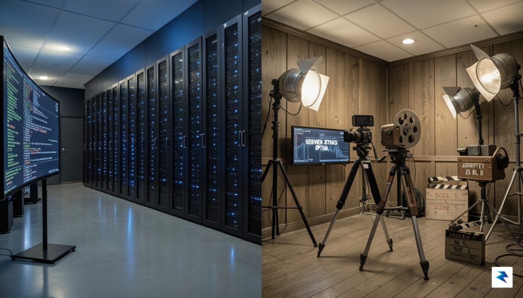 A cinematic, high-contrast shot of a sleek, modern server room…