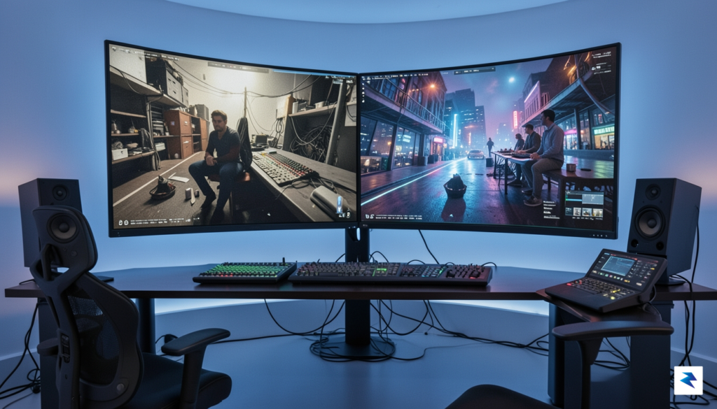A sophisticated cinematic editing suite showing a split screen of…