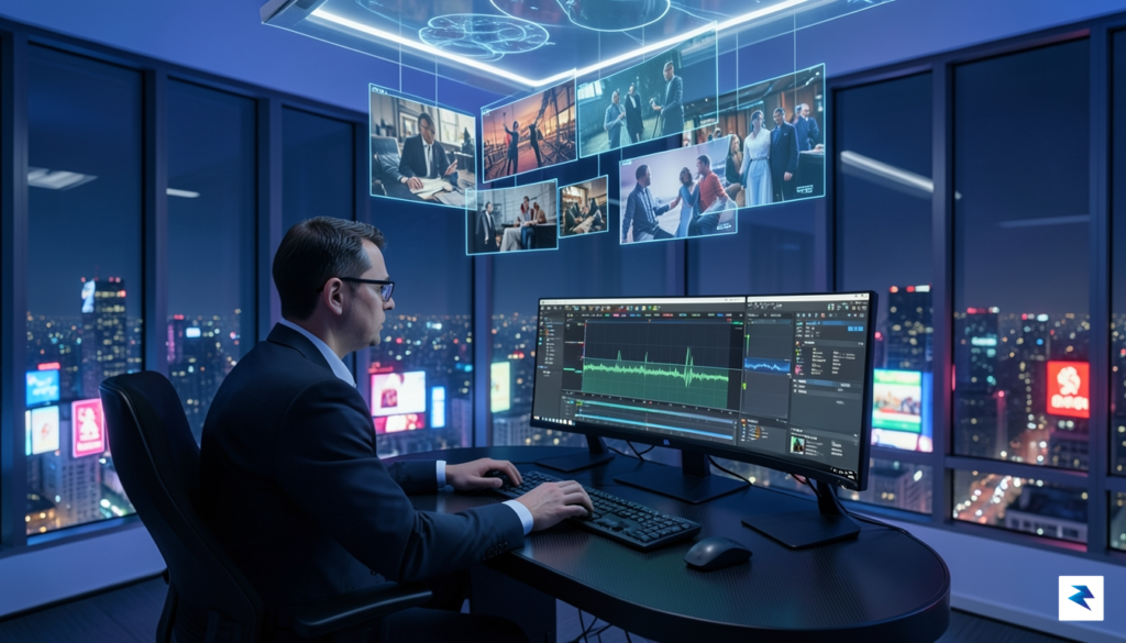 A cinematic wide shot of a modern, high-tech film editing…