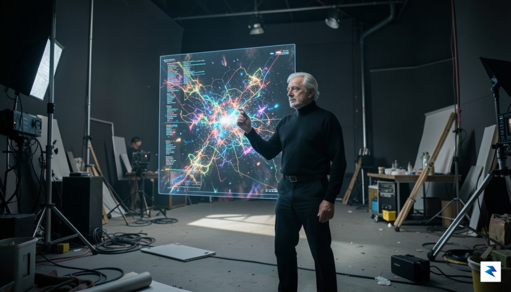 A surreal, cinematic shot of a film director standing in…