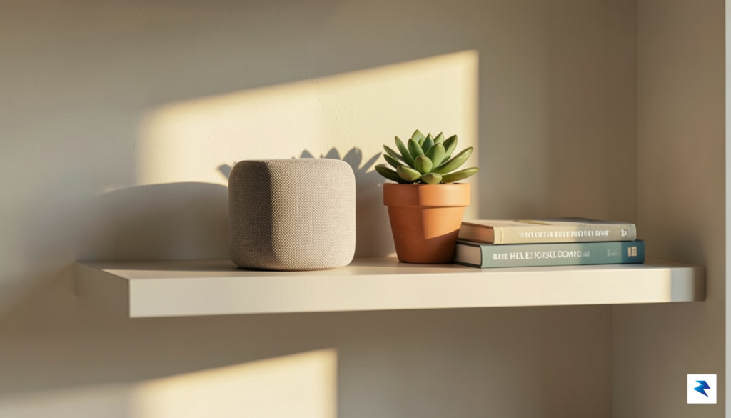 A modern, minimalist living room shelf featuring a Google Home…