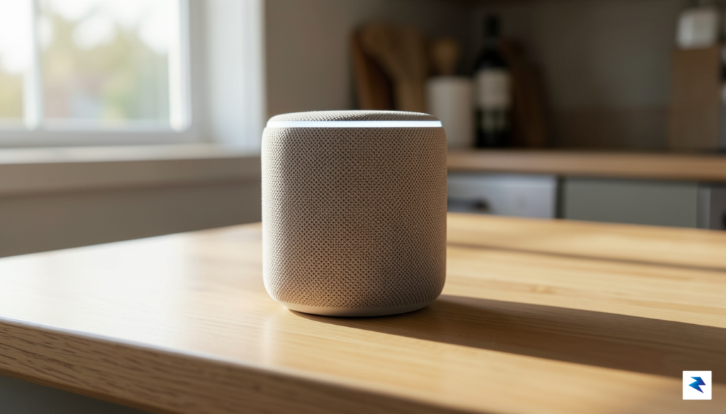 A close-up, high-definition shot of a Google Home speaker sitting…