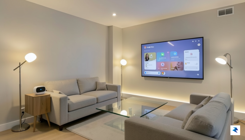 A modern, minimalist living room featuring a Google Home speaker…
