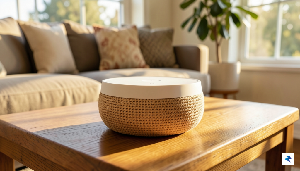 A close-up, high-resolution shot of the Google Home speaker showing…