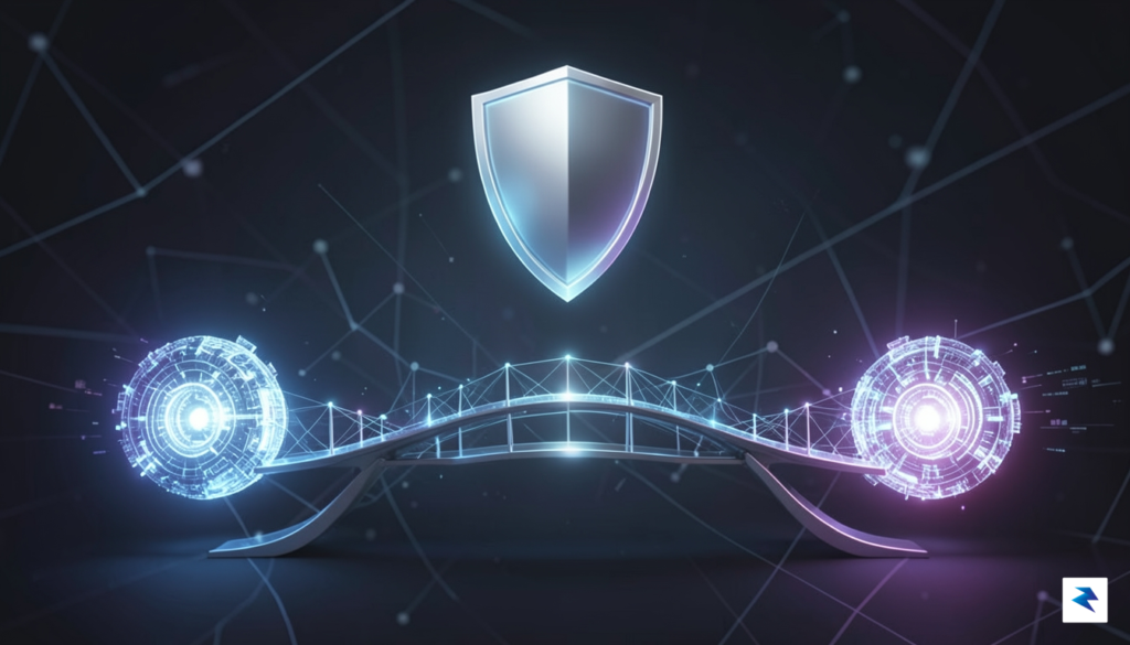 A conceptual illustration showing a digital bridge connecting two separate,&hellip;