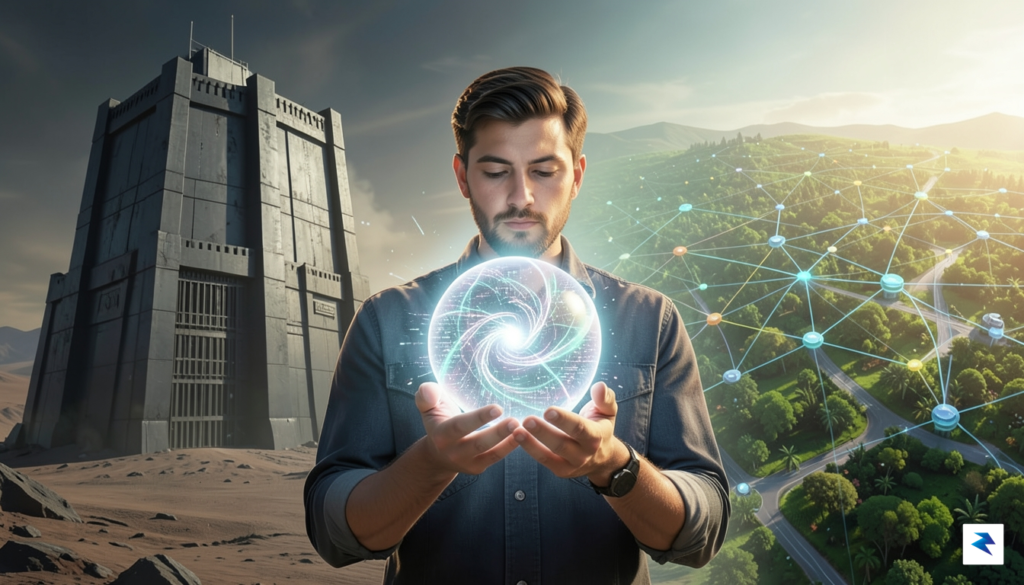 A conceptual digital illustration showing a user holding a glowing&hellip;