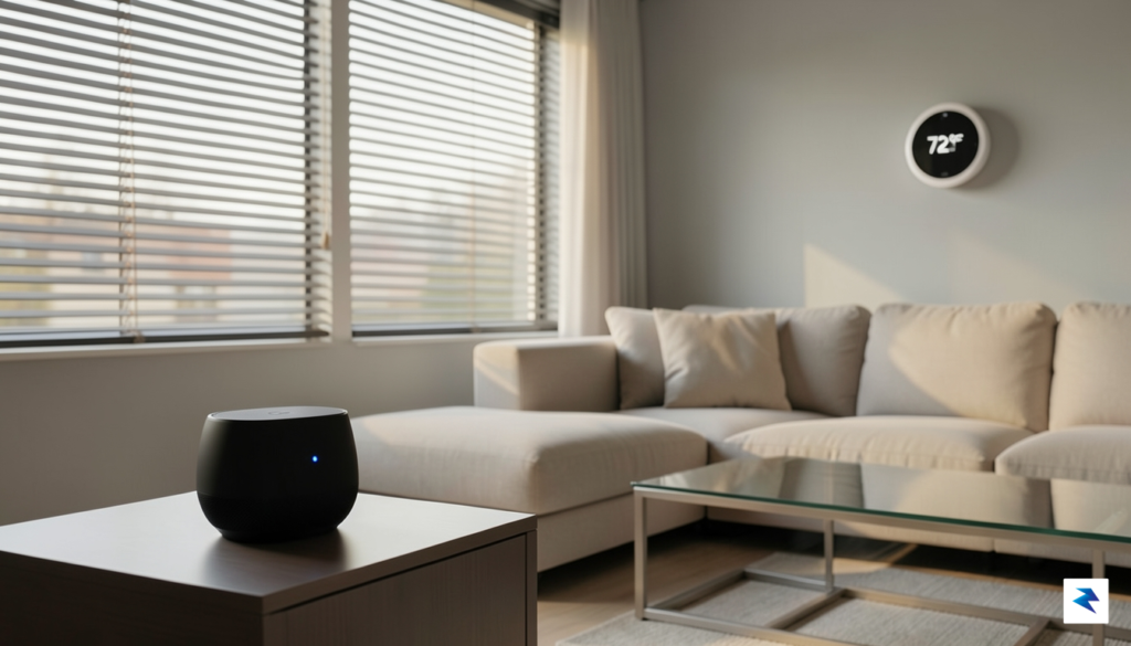 A sleek, modern smart home living room setup featuring a&hellip;
