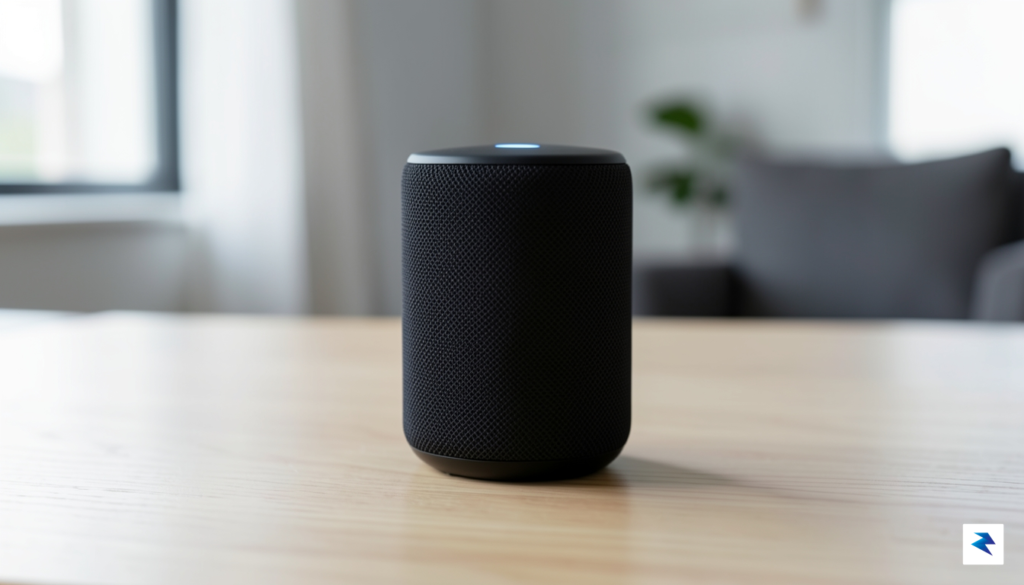 A close-up, high-definition photograph of a sleek, minimalist smart speaker&hellip;
