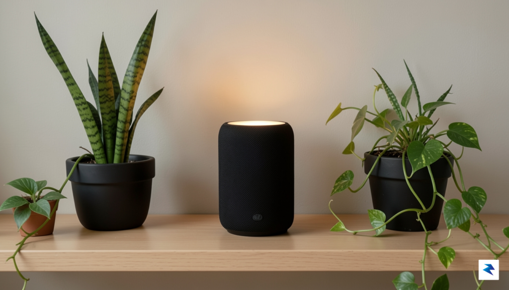 A sleek, modern smart speaker with a fabric finish sitting&hellip;