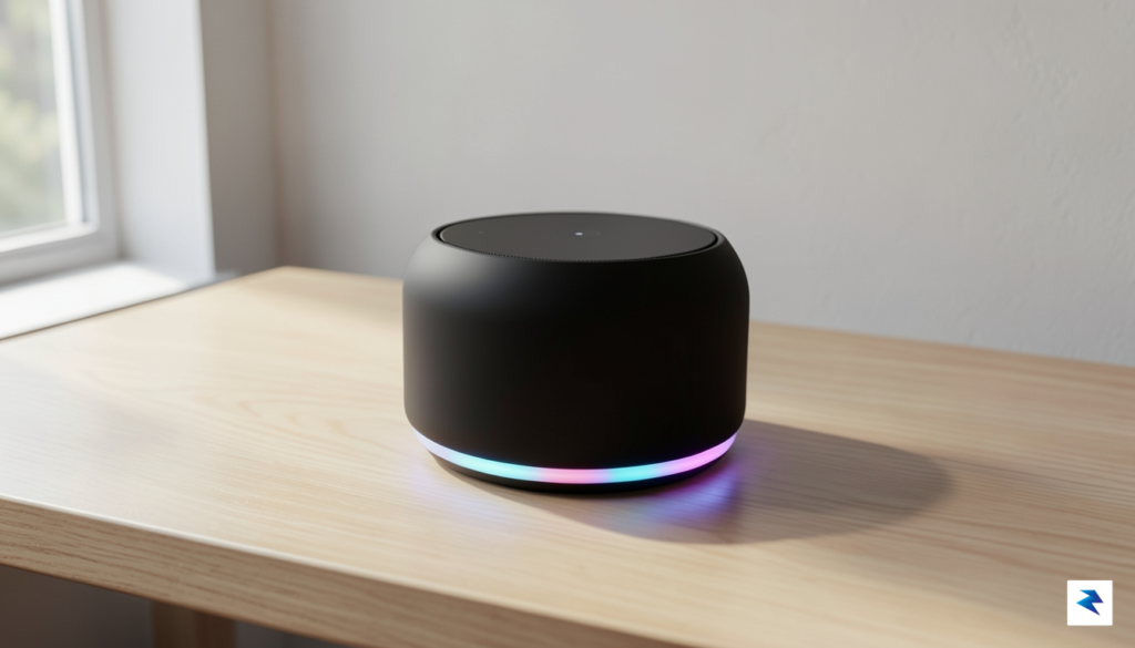 A sleek, modern minimalist smart speaker sitting on a clean&hellip;