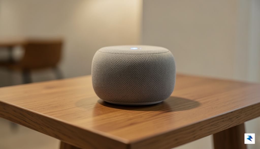 A close-up, high-resolution shot of the Google Home speaker resting&hellip;