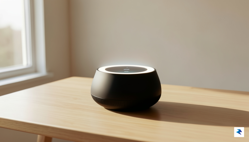 A sleek, modern smart speaker glowing with a soft, ethereal&hellip;