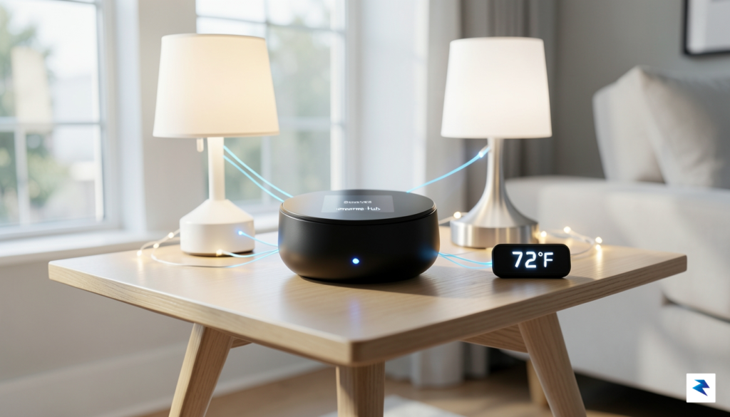A sleek, modern smart home hub sitting on a minimalist&hellip;