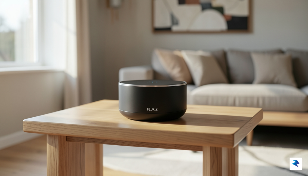 A high-end, minimalist smart speaker resting on a modern wooden&hellip;