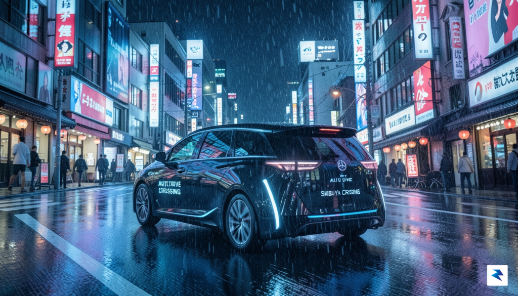 A sleek, futuristic autonomous taxi driving through a rainy, neon-lit&hellip;