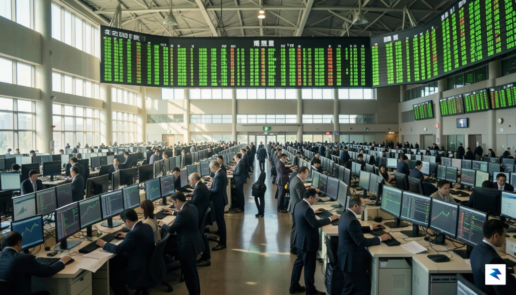 A wide-angle, cinematic shot of the Tokyo Stock Exchange floor&hellip;