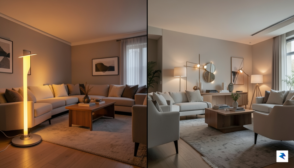 A sleek split-screen comparison showing a warm, ambient living room&hellip;