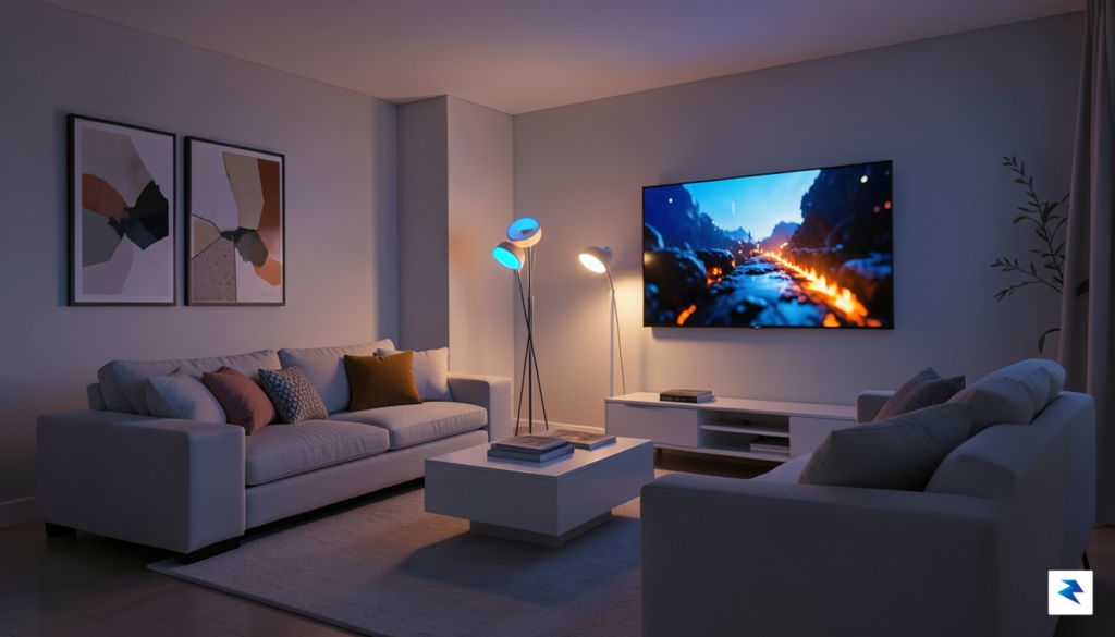 A vibrant, modern living room at dusk with Govee smart&hellip;