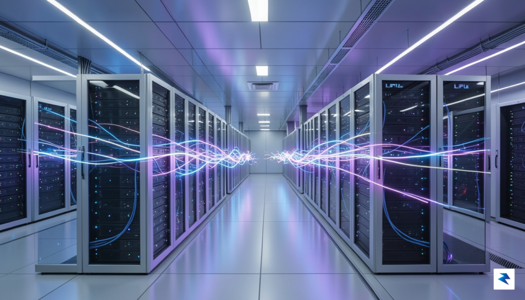 A sleek, futuristic data center visualization showing glowing light streams…